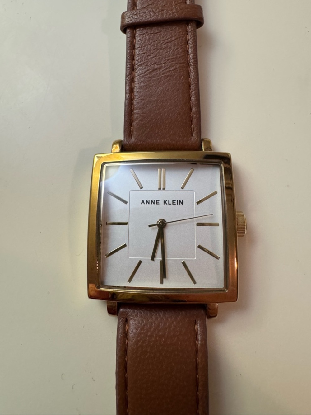 Anne Klein Gold-Tone Square Watch with Brown Leather Strap